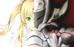  1girl armor blonde_hair collarbone fate/apocrypha fate_(series) green_eyes helmet long_hair looking_at_viewer parted_lips portrait saber_of_red simple_background solo tora_inu twintails white_background 