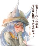  1girl :q animal_ears bangs blue_hair blush chin_rest closed_mouth commentary_request doitsuken ears_through_headwear eyebrows_visible_through_hair fang glasses grey_sweater hat highres licking_lips long_hair long_sleeves looking_at_viewer looking_to_the_side orange_eyes orange_shirt original semi-rimless_glasses shirt smile solo sweater tongue tongue_out translation_request under-rim_glasses 