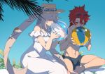  1boy 1girl abs alexander_(fate/grand_order) anklet ball bare_shoulders beachball blowing cis05 closed_eyes collarbone day dress fate/grand_order fate_(series) hat jewelry male_swimwear marie_antoinette_(fate/grand_order) marie_antoinette_(swimsuit_caster)_(fate) navel palm_tree puffed_cheeks red_eyes redhead silver_hair sky solo sun_hat sunglasses sunglasses_on_head swim_briefs swimwear tree twintails 