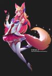  1girl ahri alternate_hair_color animal_ears bare_shoulders blonde_hair choker elbow_gloves fox_ears fox_girl fox_tail full_body gloves hair_ornament heart high_heels highres league_of_legends looking_at_viewer magical_girl multicolored_hair one_leg_raised pink_hair skirt solo star_guardian_ahri steve_zheng tail thigh-highs two-tone_hair violet_eyes zettai_ryouiki 