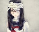  1girl bandage bandage_over_one_eye bandaged_neck bangs black_hair broken_glasses closed_mouth commentary glasses green_eyes grey_background long_hair looking_at_viewer neckerchief nuwanko one_eye_covered original red_neckerchief sailor_collar school_uniform serafuku shirt solo white_shirt 