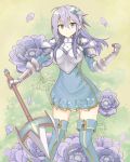  1girl ahoge anemone_(flower) anemone_(flower_knight_girl) armor armored_dress blue_eyes boots flower flower_knight_girl hair_between_eyes hair_ornament hairclip hand_up highres holding holding_spear holding_weapon kittoma_(f152old) long_hair looking_at_viewer muted_color polearm purple_hair smile spear thigh-highs weapon zettai_ryouiki 