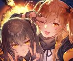  2girls :3 :d bangs black_gloves black_jacket black_ribbon black_scarf character_request commentary_request double_v explosion eyebrows_visible_through_hair fingerless_gloves girls_frontline gloves grey_hair hair_between_eyes hair_ornament hair_ribbon hair_tie hairclip jacket kei_(seona2020) long_hair long_sleeves looking_at_viewer multiple_girls one_eye_closed open_mouth orange_eyes ribbon scarf shirt smile twintails ump45_(girls_frontline) ump9_(girls_frontline) v v_over_eye white_shirt yellow_eyes 