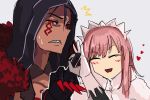  1boy 1girl blue_hair blush closed_eyes cu_chulainn_alter_(fate/grand_order) fate_(series) grey_background heart hood i-pan long_hair medb_(fate/grand_order) middle_finger no_nose ok_sign open_mouth penetration_gesture pink_hair red_eyes scowl shaded_face sharp_teeth smile sweat tattoo teeth you_gonna_get_raped 