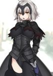  &gt;:o 1girl :o ahoge armor armored_dress bangs black_legwear blurry breasts capelet chains cowboy_shot depth_of_field fate/grand_order fate_(series) faulds gauntlets headpiece jeanne_alter kuritomo large_breasts looking_at_viewer ruler_(fate/apocrypha) short_hair silver_hair solo thigh-highs yellow_eyes 
