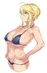  1girl ahoge artoria_pendragon_(all) artoria_pendragon_(lancer) bikini blonde_hair blue_bikini breasts cleavage fate/grand_order fate_(series) green_eyes hands_on_hips highres hometa large_breasts looking_at_viewer navel simple_background sketch solo swimsuit white_background 