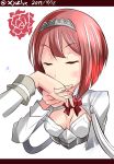  1girl 2017 ark_royal_(kantai_collection) bob_cut breasts cleavage_cutout closed_eyes dated hairband hand_kissing hebitsukai-san highres kantai_collection long_sleeves red_ribbon redhead ribbon short_hair small_breasts solo tiara twitter_username upper_body 