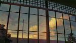  clouds cloudy_sky commentary_request feel_(nasitaki) gradient_sky indoors power_lines scenery signature sky sunset telephone_pole tree wall window 