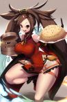 1girl baozi bare_shoulders breasts brown_eyes brown_hair china_dress chinese_clothes commentary detached_sleeves dress erect_nipples food forehead fried_rice guilty_gear guilty_gear_xrd hair_ornament hair_ring hair_tubes hairclip highres holding holding_food kuradoberi_jam large_breasts long_hair looking_at_viewer magister_(medical_whiskey) open_mouth plate red_dress short_dress smile solo standing standing_on_one_leg thick_thighs thighs twintails very_long_hair wide_sleeves