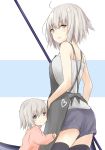  2girls ahoge apron bangs bare_shoulders blush breasts closed_mouth commentary_request cowboy_shot eyebrows_visible_through_hair fate/apocrypha fate/grand_order fate_(series) grey_eyes grey_hair hair_between_eyes hair_ribbon highres if_they_mated jeanne_alter looking_at_viewer mother_and_daughter multiple_girls ribbon ruler_(fate/apocrypha) saku_(kudrove) yellow_eyes 