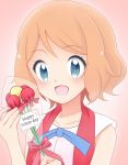  1girl :d blue_eyes blue_ribbon brown_hair collarbone eyebrows_visible_through_hair female holding koudzuki_(reshika213) neck_ribbon open_mouth pokemon pokemon_(anime) pokemon_xy_(anime) portrait ribbon serena_(pokemon) shirt short_hair sleeveless sleeveless_shirt smile solo white_day white_shirt 