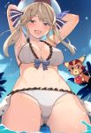  1girl arms_up ball bangs beachball bikini blue_ribbon blush breasts brown_hair cleavage collarbone eyebrows_visible_through_hair from_below granblue_fantasy hair_ribbon kukuru_(granblue_fantasy) large_breasts long_hair looking_at_viewer navel nuko_(mikupantu) open_mouth outdoors palm_tree ribbon sidelocks smile solo striped striped_ribbon swimsuit thighs tree vee_(granblue_fantasy) violet_eyes wading water_drop white_bikini 