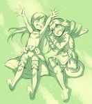 2girls :d armpits barefoot blush breasts clothes_around_waist cr72 dress from_above full_body gloves green jacket_around_waist long_hair looking_at_viewer low_twintails lying made_in_abyss monochrome multiple_girls on_back on_side open_mouth outstretched_arms own_hands_together prushka riko_(made_in_abyss) sketch small_breasts smile twintails 