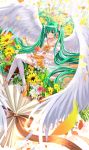  1girl bouquet flower full_body green_eyes green_hair happy_birthday hatsune_miku high_heels highres long_hair looking_at_viewer minigirl skirt smile solo swordsouls thigh-highs twintails very_long_hair vocaloid white_legwear wings 