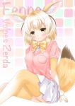  1girl :3 animal_ears blonde_hair blush bow bowtie breast_pocket character_name extra_ears eyebrows_visible_through_hair fennec_(kemono_friends) fox_ears fox_tail highres inahori kemono_friends long_hair miniskirt pink_sweater pleated_skirt pocket scientific_name short_sleeves sitting skirt solo sweater tail thigh-highs white_skirt yellow_bow yellow_bowtie yellow_legwear 