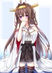 1girl absurdres ahoge bare_shoulders blush breasts brown_hair brown_legwear covering_mouth hairband highres kantai_collection kongou_(kantai_collection) long_hair looking_at_viewer nail_polish nontraditional_miko partially_submerged remodel_(kantai_collection) skirt solo thigh-highs very_long_hair violet_eyes water yoye_(pastel_white) 