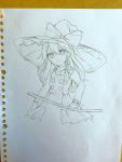  1girl bow braid broom forbidden_scrollery graphite_(medium) hat hat_bow highres kirisame_marisa long_hair looking_at_viewer monochrome paper petticoat photo single_braid sketch smile solo touhou traditional_media trench_coat witch_hat yururi_nano 