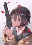  1girl bangs blue_eyes blue_jacket blurry blurry_background closed_mouth depth_of_field expressionless eyebrows_visible_through_hair finger_on_trigger grey_background gun handgun highres holding holding_gun holding_weapon jacket katahira_(hiyama) kino kino_no_tabi long_sleeves looking_at_viewer petals revolver shirt short_hair solo tomboy weapon white_shirt yellow_jacket 