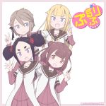  4girls adachi_fumio333 alternate_hairstyle ange_(princess_principal) beatrice_(princess_principal) black_hair blonde_hair blue_eyes braid brown_eyes brown_hair chise_(princess_principal) cosplay flower hair_flower hair_ornament long_hair multiple_girls nanamori_school_uniform parody princess_(princess_principal) princess_principal short_hair tied_hair translated twintails twitter_username v yuru_yuri 