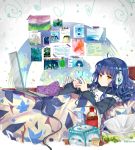  1girl ahoge artist_name bangs bedroom blue_hair cellphone commentary_request computer expressionless headphones highres hood hoodie laptop long_sleeves lying on_back original phone pillow postcard qiqiuqiu soda_bottle solo tissue_box under_covers yellow_eyes 