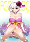  1girl ahoge alternate_costume bangs blush breasts cleavage closed_mouth collarbone fate/grand_order fate_(series) flower hair_flower hair_ornament ichitaka jeanne_alter large_breasts looking_at_viewer navel partially_submerged revealing_clothes ruler_(fate/apocrypha) short_hair silver_hair sitting smile solo yellow_eyes 