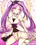  1girl anklet armlet artist_name black_hairband bracelet choker collarbone dress euryale eyebrows_visible_through_hair fate/hollow_ataraxia fate_(series) flower hair_flower hair_ornament hairband ittokyu jewelry kneehighs lolita_hairband long_hair looking_at_viewer necklace pink_flower purple_hair short_dress sketch sleeveless sleeveless_dress smile solo twintails very_long_hair violet_eyes white_dress white_flower 