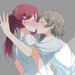  2girls alternate_hairstyle blush closed_eyes grey_background grey_hair hair_ornament hairclip kiss long_hair love_live! love_live!_sunshine!! multiple_girls ponytail redhead sakurauchi_riko shirt short_hair short_sleeves simple_background t-shirt upper_body wall_slam watanabe_you white_shirt yuchi_(salmon-1000) yuri 