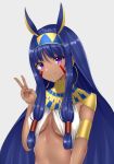  1girl absurdres breasts closed_mouth dark_skin earrings eyebrows_visible_through_hair fate/grand_order fate_(series) highres hoop_earrings jewelry looking_at_viewer medium_breasts nitocris_(fate/grand_order) phano_(125042) purple_hair smile solo upper_body v violet_eyes 