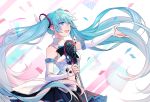  1girl :d black_skirt blue_eyes blue_hair detached_sleeves eyebrows_visible_through_hair floating_hair hair_between_eyes hat hatsune_miku highres holding holding_microphone long_hair magical_mirai_(vocaloid) microphone microphone_stand miniskirt open_mouth outstretched_arm owo_(pixiv9581719) pleated_skirt shirt skirt sleeveless sleeveless_shirt smile solo standing twintails very_long_hair vocaloid white_shirt 