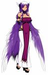  1girl bare_shoulders bird_ears breasts cleavage closed_mouth commentary_request detached_collar diadem dress feathered_wings full_body fur_collar harpy konshin large_breasts long_hair looking_at_viewer monster_girl no_socks pelvic_curtain purple_dress purple_hair purple_wings red_eyes sandals simple_background smile solo standing white_background white_dress wings 