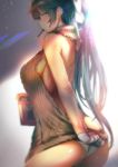  1girl ass azur_lane bare_shoulders bow breasts clothes_tug cowboy_shot dress food from_side gloves hair_bow long_hair looking_at_viewer medium_breasts meme_attire mouth_hold open-back_dress panties pocky pocky_day ponytail profile ribbed_sweater sabaku_no_tanuki short_dress sideboob solo sweater sweater_dress sweater_tug takao_(azur_lane) turtleneck turtleneck_sweater underwear white_gloves white_panties 