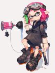  1girl bangs bike_shorts blue_eyes blunt_bangs boots domino_mask female full_body goggles goggles_on_head inkling jacket long_sleeves looking_at_viewer mask pink_hair pointy_ears simple_background solo splatoon sweater tentacle_hair toridamono turtleneck turtleneck_sweater white_background 