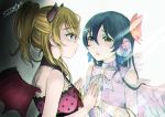  2girls artist_name ayase_eli bangs blonde_hair blue_eyes blue_hair butterfly_hair_ornament commentary_request flower glass hair_between_eyes hair_flower hair_ornament horns long_hair looking_at_another love_live! love_live!_school_idol_festival love_live!_school_idol_project multiple_girls polka_dot ponytail ribbon sonoda_umi suito wings yellow_eyes yuri 