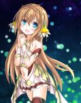  1girl :d blue_eyes brown_hair commentary_request hands_clasped highres ionasal_kkll_preciel jewelry langley1000 long_hair looking_at_viewer navel necklace open_mouth own_hands_together pleated_skirt skirt smile solo surge_concerto 