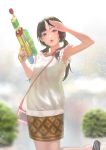  1girl bag bangs bare_arms bare_shoulders black_hair blurry blurry_background brown_skirt commentary_request dress grey_eyes gun handbag highres holding holding_gun holding_weapon kneeling looking_at_viewer low_twintails parted_bangs parted_lips rungsak_sontayanont salute sandals sandals_barefoot skirt solo tree twintails water_gun weapon white_dress 