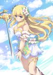  1girl bare_shoulders blonde_hair blue_eyes blush breasts cleavage flower four_goddesses_online:_cyber_dimension_neptune hair_flower hair_ornament highres large_breasts long_hair looking_at_viewer neptune_(series) normaland rapier smile solo sword vert weapon 