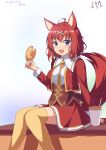  1girl amairo_islenauts animal_ears blue_eyes blush breasts dated dog_ears dog_tail doughnut eyebrows_visible_through_hair fang food hair_ornament holding holding_food kemo_(pokka) large_breasts looking_at_viewer open_mouth red_skirt redhead short_hair sitting skirt smile solo tail thigh-highs x_hair_ornament yellow_legwear 