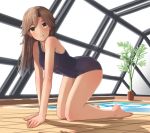  1girl absurdres all_fours arashio_(kantai_collection) arm_support barefoot blue_swimsuit brown_eyes brown_hair full_body highres indoor_pool kantai_collection long_hair plant pool rei_no_pool school_swimsuit soil_chopsticks solo swimsuit window 