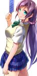  1girl aqua_eyes chikugen_shiina long_hair looking_at_viewer looking_back love_live! love_live!_school_idol_project low_twintails pleated_skirt purple_hair school_uniform scrunchie short_sleeves simple_background skirt smile solo sweater_vest tarot toujou_nozomi twintails very_long_hair white_background 