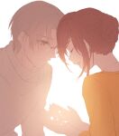  1boy 1girl :d brown_hair closed_eyes closed_mouth glasses hair_bun highres long_sleeves nacloooo open_mouth rosa_(tears_of_themis) shirt short_hair simple_background smile tears_of_themis turtleneck vyn_richter_(tears_of_themis) white_background white_shirt yellow_eyes yellow_shirt 