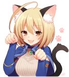  1girl :3 :d ahoge animal_ears arm_belt bangs blonde_hair blue_capelet brown_eyes byulzzimon capelet cat_ears cat_girl cat_tail detached_sleeves eyebrows_visible_through_hair fang gem hair_between_eyes jewelry long_sleeves looking_at_viewer necklace open_mouth paw_pose paw_print ribbed_sweater short_hair smile solo sweater sweater_vest tail white_sweater 