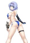  1girl aqua_eyes arm ass asymmetrical_gloves back bare_arms bare_legs bare_shoulders bikini black_gloves blue_bikini blue_hair blue_swimsuit blush bnc_(bunshi) breasts c: clenched_hand closed_mouth elbow_gloves eyebrows_visible_through_hair female from_behind gloves hairband highres isekai_wa_smartphone_to_tomo_ni. large_breasts legband legs linse_shileska looking_at_viewer looking_back short_hair side-tie_bikini sideboob simple_background single_elbow_glove single_glove smile solo standing string_bikini swimsuit thigh_strap under_boob wet white_background 