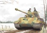  4girls blonde_hair brown_hair clouds day ground_vehicle headphones highres military military_vehicle motor_vehicle multiple_girls original saigawa snow tank tiger_ii tree 