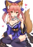  1girl animal_ears bangs black_footwear black_legwear blush bow breasts brown_eyes cleavage collar detached_sleeves eyebrows_visible_through_hair fate/extra fate_(series) fox_ears fox_tail hair_bow heart long_hair looking_at_viewer medium_breasts nagisa3710 obi ofuda pink_hair sandals sash sidelocks simple_background sitting smile solo tail tamamo_(fate)_(all) tamamo_no_mae_(fate) thighhighs twintails white_background 