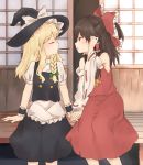  2girls adjusting_hair apron ascot bare_shoulders blonde_hair blouse blush braid chocolate_hair closed_eyes detached_sleeves food hair_tubes hakurei_reimu hakurei_shrine hands_together hat imminent_kiss kirisame_marisa long_hair long_skirt marisuku mouth_hold multiple_girls pocky pocky_day pocky_kiss ponytail profile red_eyes shared_food side_braid sidelocks single_braid skirt skirt_set touhou veranda vest waist_apron witch_hat wrist_cuffs yellow_neckwear 