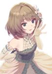  1girl bare_shoulders blue_eyes breasts brown_hair dress elbow_gloves eyebrows_visible_through_hair flower gloves green_eyes hair_flower hair_intakes hair_ornament heterochromia idolmaster idolmaster_cinderella_girls idolmaster_cinderella_girls_starlight_stage looking_at_viewer medium_breasts meto31 mole mole_under_eye short_hair signature simple_background smile takagaki_kaede white_background 