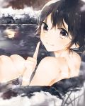  1girl alternate_hair_length alternate_hairstyle bangs bathing black_hair blush closed_mouth eyebrows_visible_through_hair from_behind houshou_(kantai_collection) kantai_collection karomura knees_up looking_at_viewer looking_back nude onsen partially_submerged rock shiny shiny_hair short_hair sitting smile snow solo steam tareme violet_eyes water winter 