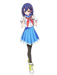  1girl bangs blue_hair flip_flappers hair_ornament hairclip kokomine_cocona looking_at_viewer pantyhose red_ribbon ribbon school_uniform short_hair simple_background solo takano_suzu watch watch white_background 