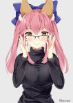  1girl absurdres animal_ears bow fate_(series) glasses hair_bow highres kaetzchen long_hair pink_hair smile sweater tamamo_(fate)_(all) tamamo_no_mae_(fate) yellow_eyes 