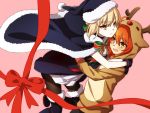  ahoge animal_costume antlers artoria_pendragon_(all) black_footwear blonde_hair blush boots bow bowtie cape commentary_request fate/grand_order fate_(series) fujimaru_ritsuka_(female) fur_trim hair_bow hat hood hoodie hug looking_at_another looking_at_viewer oiun orange_eyes orange_hair pantyhose pink_background red_bow red_nose red_ribbon reindeer_antlers reindeer_costume ribbon saber_alter santa_alter santa_hat yellow_eyes yuri 